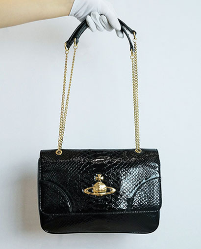 Frilly Flap Bag, &pound;220, Handbags, Black, Patent Leather, Front view